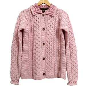 Inis Crafts Wool Pink Fisherman’s Cardigan Sweater Small